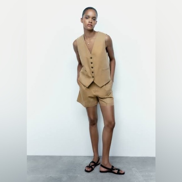 Zara Other - ZARA LINEN BLEND VEST AND SHORT SET in Khaki